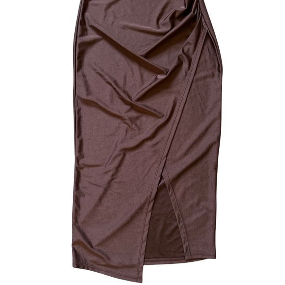 Brown Ruched Bodycon Midi Dress Sz S Spaghetti Strap Slit Wedding Cocktail Party - Picture 5 of 8